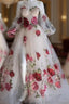 Flowers Appliques Princess A Line Champagne Formal Prom Dresses With Slit
