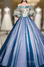 For Your Big Night Blue Ball Gown Tulle Off the Shoulder Puff Sleeve Quinceanera Dresses