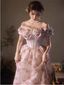 French Pink Printed A-Line Off-The-Shoulder Bow Tulle Long Formal Prom Dresses