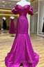 Fuchsia Mermaid Satin Strapless Puff Sleeve Formal Prom Dresses