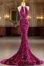 Fuchsia Mermaid Sequins Halter Formal Prom Dresses