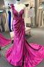 Fuchsia One Shoulder Satin Flower Formal Prom Dresses