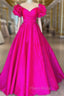 Fuchsia Satin Off the Shoulder Ruffle Formal Prom Dresses