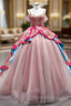 Fuchsia Satin Tulle Spaghetti Straps Appliques Formal Prom Dresses