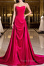 Fuchsia Velvet Satin Strapless Pleats Formal Prom Dresses