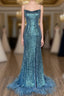 Long Sequined Blue Straps Formal Prom Dresses with Feather Hem