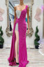 Chic Fuchsia Beaded Long Porm Dresses
