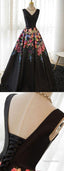 Black Satin Floral Prints Sleeveless Lace Up Back Prom Dresses