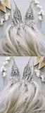 Deep V Neck Long Tulle Split Prom Evening Dresses With Sequins And Beads