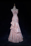 Sweet Spaghetti Straps Mermaid Formal Evening Dresses Pink Satin Layered Pleated Formal Prom Dresses With Beading