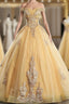 Get Your Discounts Gold Ball Gown Tulle Appliques Beading Off the Shoulder Quinceanera Dresses