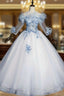 Get Your Discounts Light Ball Gown Tulle Appliques 3/4 Sleeve Quinceanera Dresses