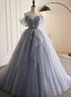 Glam Blue-Grey Tulle with Lace Applique Long Party Dress, Tulle Formal Dress Evening Gown