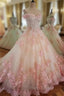 Glam Pink Flowers Tulle Off Shoulder Sweet 16 Dresses, Ball Gown Formal Dresses
