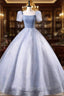 Glam Tulle Floor Length Formal Prom Dresses, Beautiful Short Sleeves Sweet 16 Dresses