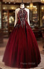 Glam Wine Red Beaded Velvet Halter Evening Dresses, Wine Red Velvet Formal Prom Dresses