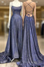 Glitter A Line Sequin Formal Prom Dresses Corss Back With Split