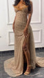 Glitter Bodycon Champagne Formal Evening Formal Prom Dresses, Sexy Beaded Split Party Formal Gown
