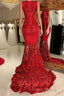 Glittery Long Red Mermaid Sleeveless Formal Prom Dresses Sequin