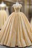 Gold Ball Gown Sequins Cap Sleeve Appliques Formal Prom Dresses