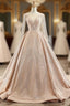 Gold Ball Gown Tulle Sequins Long Sleeve Backless Formal Prom Dresses