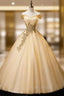 Gold Floor Length Tulle Beading Formal Dresses, Lovely Off the Shoulder Evening Party Dresses