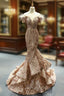 Gold Mermaid Sequins Off The Shoulder Appliques Formal Prom Dresses With Feather