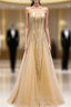 Gold Mermaid Sequins Tulle Sleeveless Formal Prom Dresses