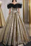 Gold Off the Shoulder Black Flower Formal Prom Dresses