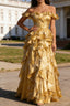 Gold Ruffled A-Line Square Neck Long Prom Dress