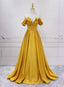 Gold Satin A-line Sweetheart Long Junior Formal Prom Dresses, Floor Length Satin Evening Dresses
