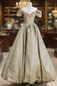 Gold Satin V-Neck Long Formal Prom Dresses With Flowers, Off The Shoulder A-Line Formal Dresses