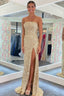 Gold Sequin Strapless Backless Mermaid Long Formal Prom Dresses With Slit