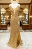 Gold Sequin Strapless Lace-Up Front Long Formal Prom Dresses with Slit