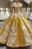 Gold Sequins Ball Gown Appliques Formal Prom Dresses