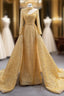 Gold Sequins High Neck Long Sleeve Pearls Formal Prom Dresses