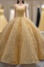 Gold Sequins Straps Pearls Formal Prom Dresses