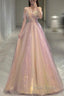 Gold Sparkle A Line Tulle Sequin Long Formal Prom Dresses