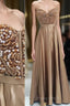 Gold Sweetheart Neck Beaded Long Formal Prom Dresses, Formal Dresses