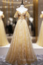 Gold Tulle Lace Sequins Appliques Backless Spaghetti Straps Formal Prom Dresses