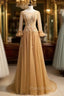 Gold Tulle Long Sleeve Backless Beading Formal Prom Dresses