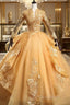 Gold Tulle Long Sleeves Lace Applique Formal Dresses, Ball Gown Sweet 16 Dresses
