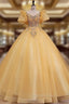 Gold Tulle Puff Sleeve Beading Pearls Quinceanera Dresses
