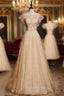 Gold Tulle Sequins Beading Sleeveless Formal Prom Dresses
