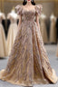 Gold Tulle Sequins Beading V-neck Formal Prom Dresses