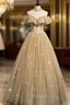 Gold Tulle Sequins High Neck Backless Beading Formal Prom Dresses