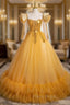 Gold Tulle Sequins Long Sleeve Backless Quinceanera Dresses