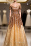 Gold Tulle Sequins Off the Shoulder Short Sleeve Formal Prom Dresses