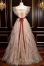 Gold Tulle Sequins Formal Prom Dresses With Belt
