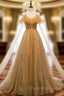 Gold Tulle Sequins Spaghetti Straps Backless Beading Formal Prom Dresses